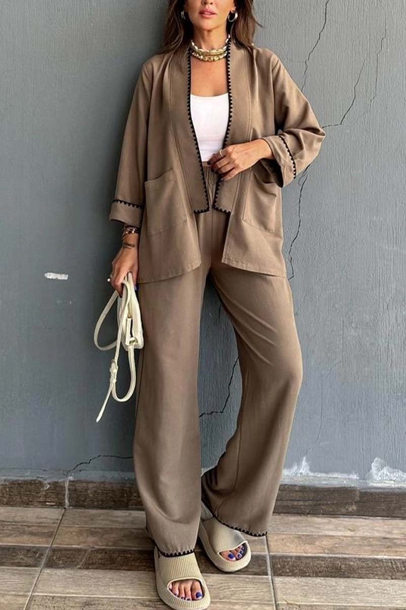 Women's kimono cardigan trousers two-piece set Brown