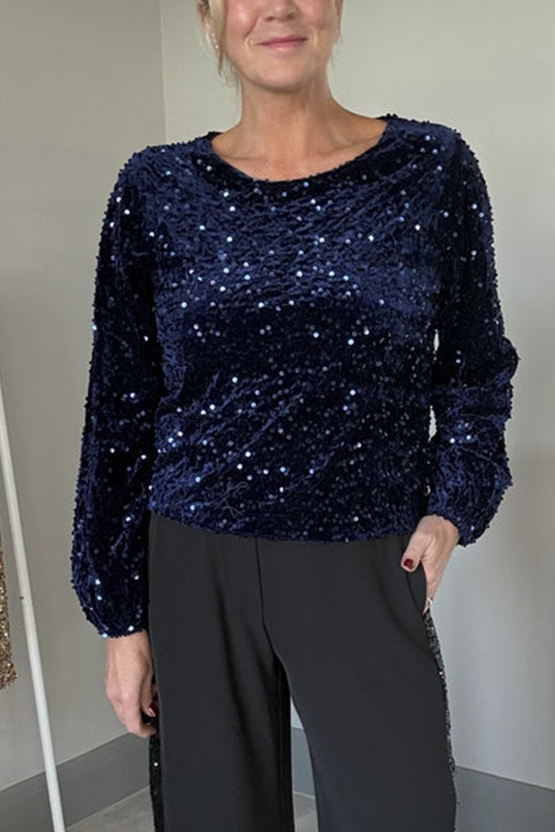 Women's Round Neck Long Sleeve Sequined Party Top navy blue