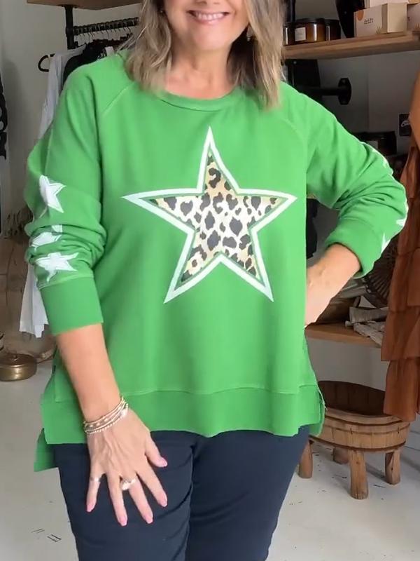 Women's Round Neck Five-pointed Star Print Pullover Top green