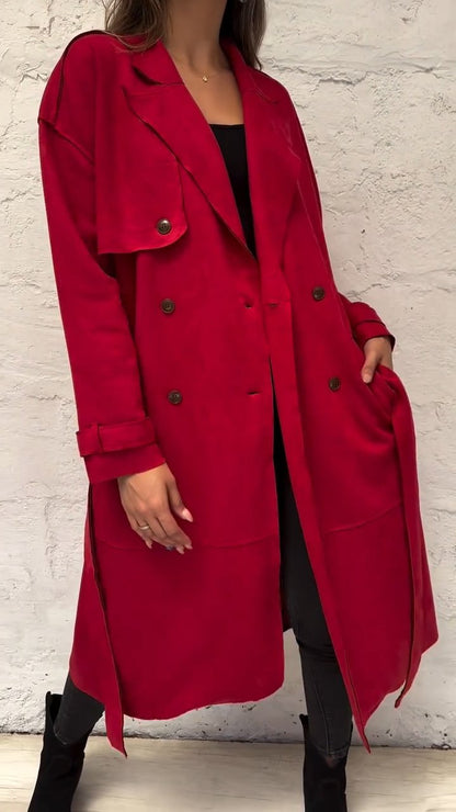 Women's Autumn and Winter Lapel Long Sleeve Casual Long Coat red