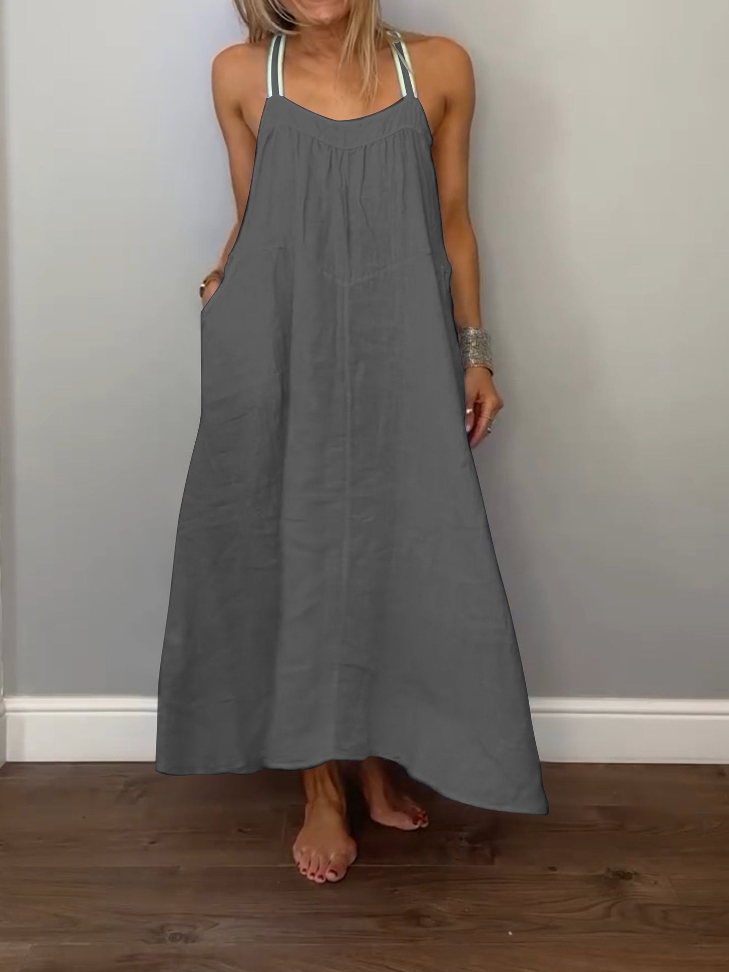 Solid Cotton and Linen Slip Dress Gray