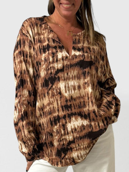 Women's Ombre Tie-Dye V-Neck Long Sleeve T-Shirt Brown