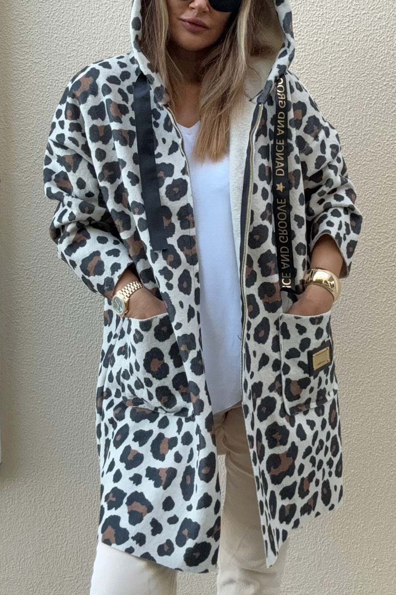 Women's Casual Loose Leopard Print Hooded Coat Gray