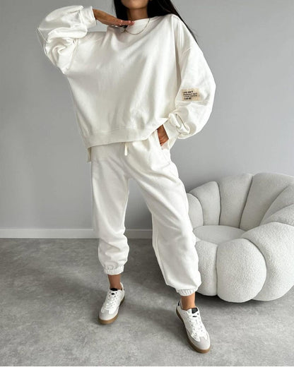 Women's Two-piece Solid Color Loose Sweatshirt Suit White