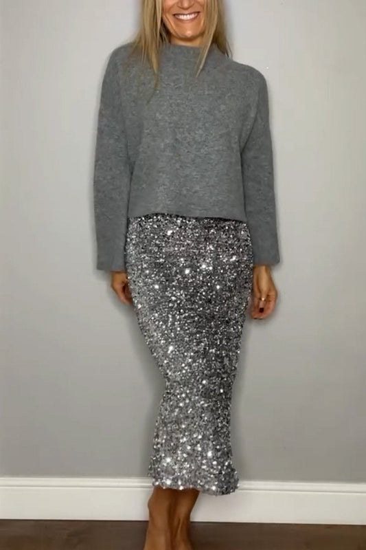 Women's Casual Sweater Top Sequin Skirt Two-Piece Set grey