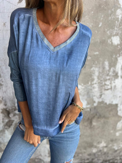 V-neck Fashionable Casual Top blue