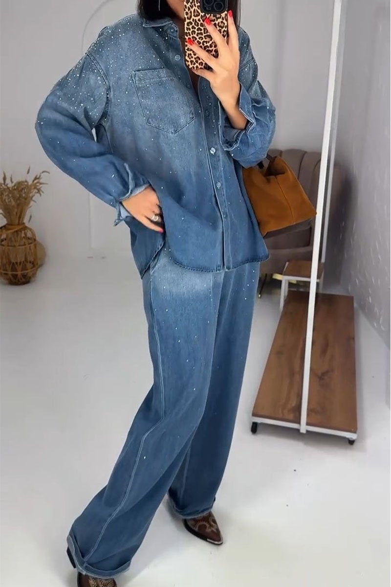 Women's Lapel Long Sleeve Denim Two Piece Set