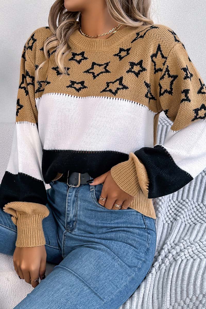 Women's casual color block star hollow lantern sleeve pullover sweater