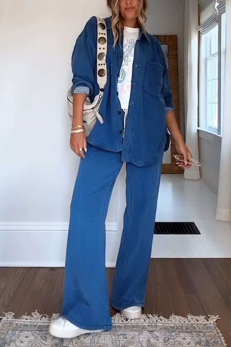 Women's Casual Lapel Single-breasted Denim Two-piece Suit light blue