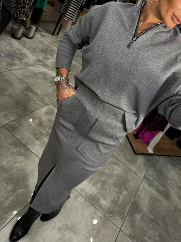 Women's Lapel Long Sleeve Top and Slit Skirt Set grey