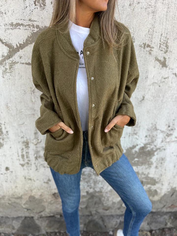 Casual Round Neck Single Breasted Jacket dark green