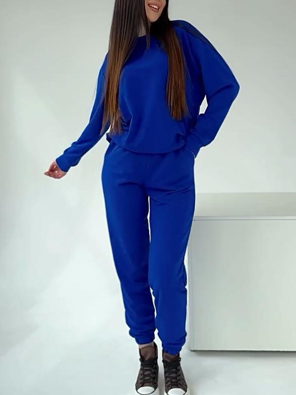 Women's Round Neck Solid Color Sports Two-piece Suit blue