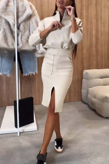 Women's casual sports half-zip sweatshirt skirt suit Apricot