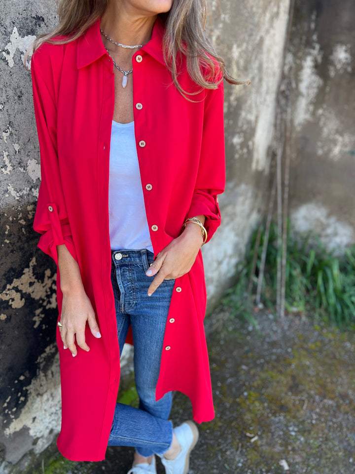 Women's Lapel Mid-sleeve Casual Long Cardigan red