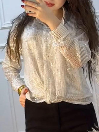 Women's Solid Color Sequined Shirt silver