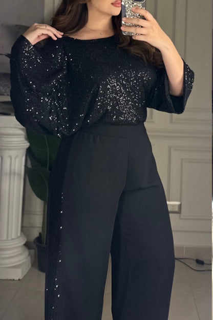 Women's Fashion Loose Sequin Two-Piece Suit Black