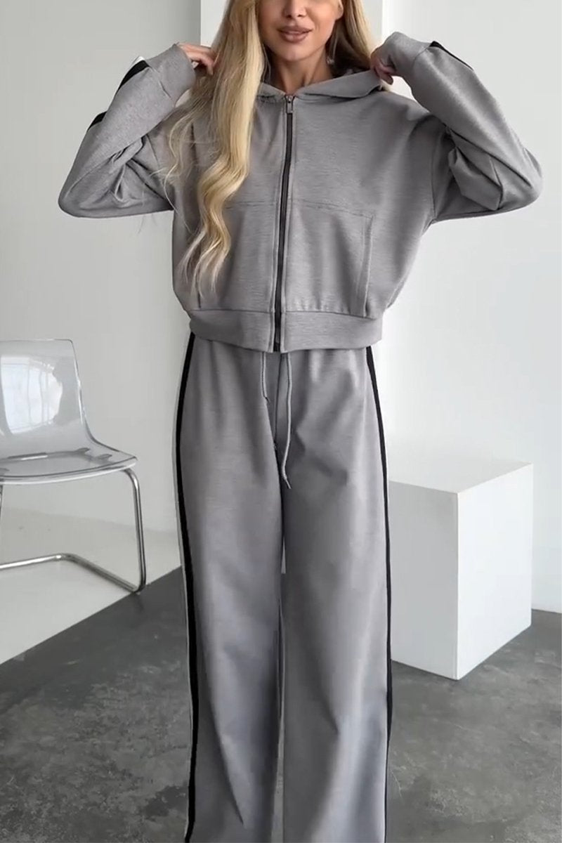 Women's Casual Hooded Sports Two-piece Suit gray