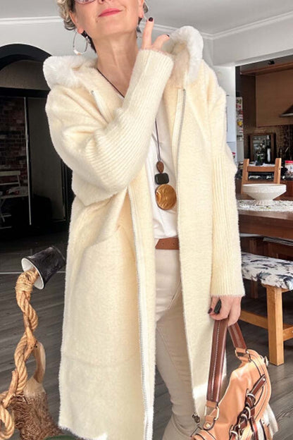 Women's casual loose fur collar knitted mid-length coat