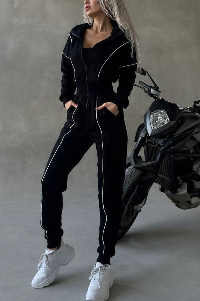 Women's Casual Lapel Half-zip Jumpsuit black