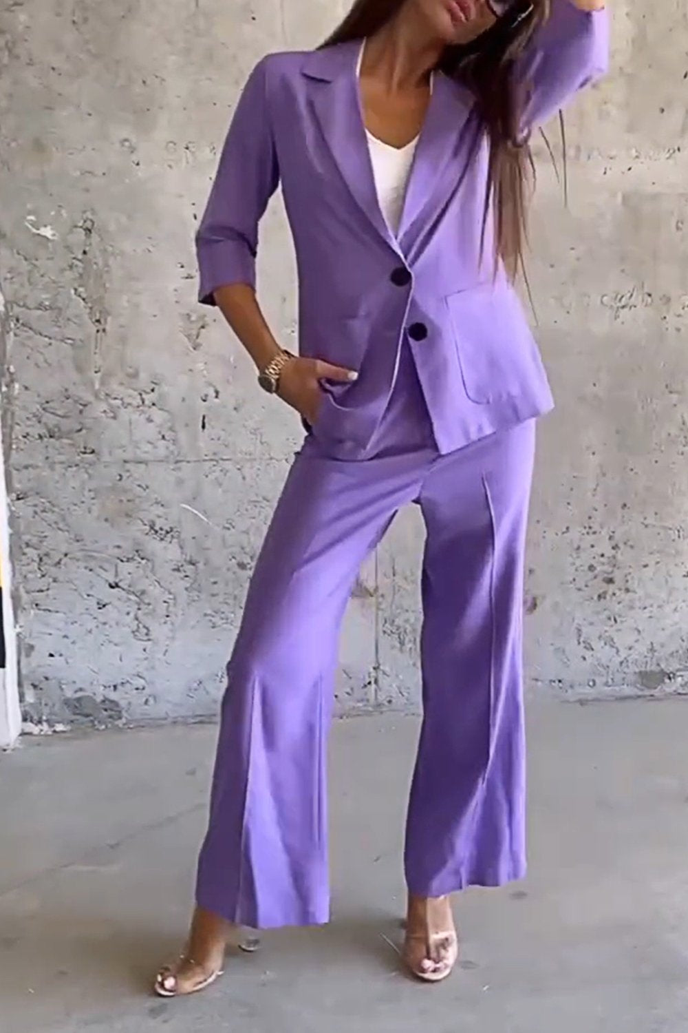 Women's Solid Color Casual Suit Top & Pants Two-piece Set Purple