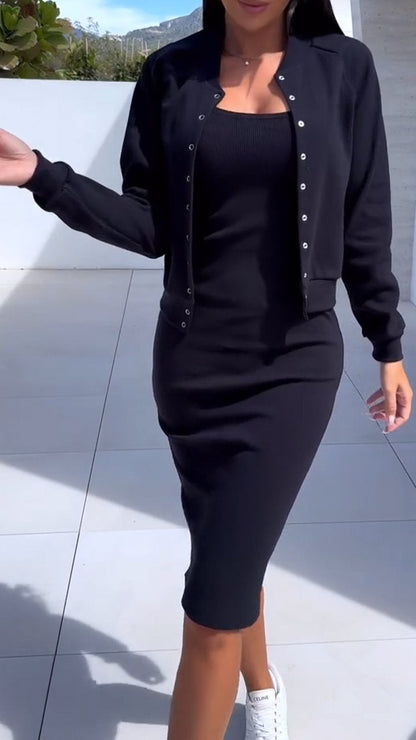 Women's Tight Dress + Cardigan Jacket Casual Suit black