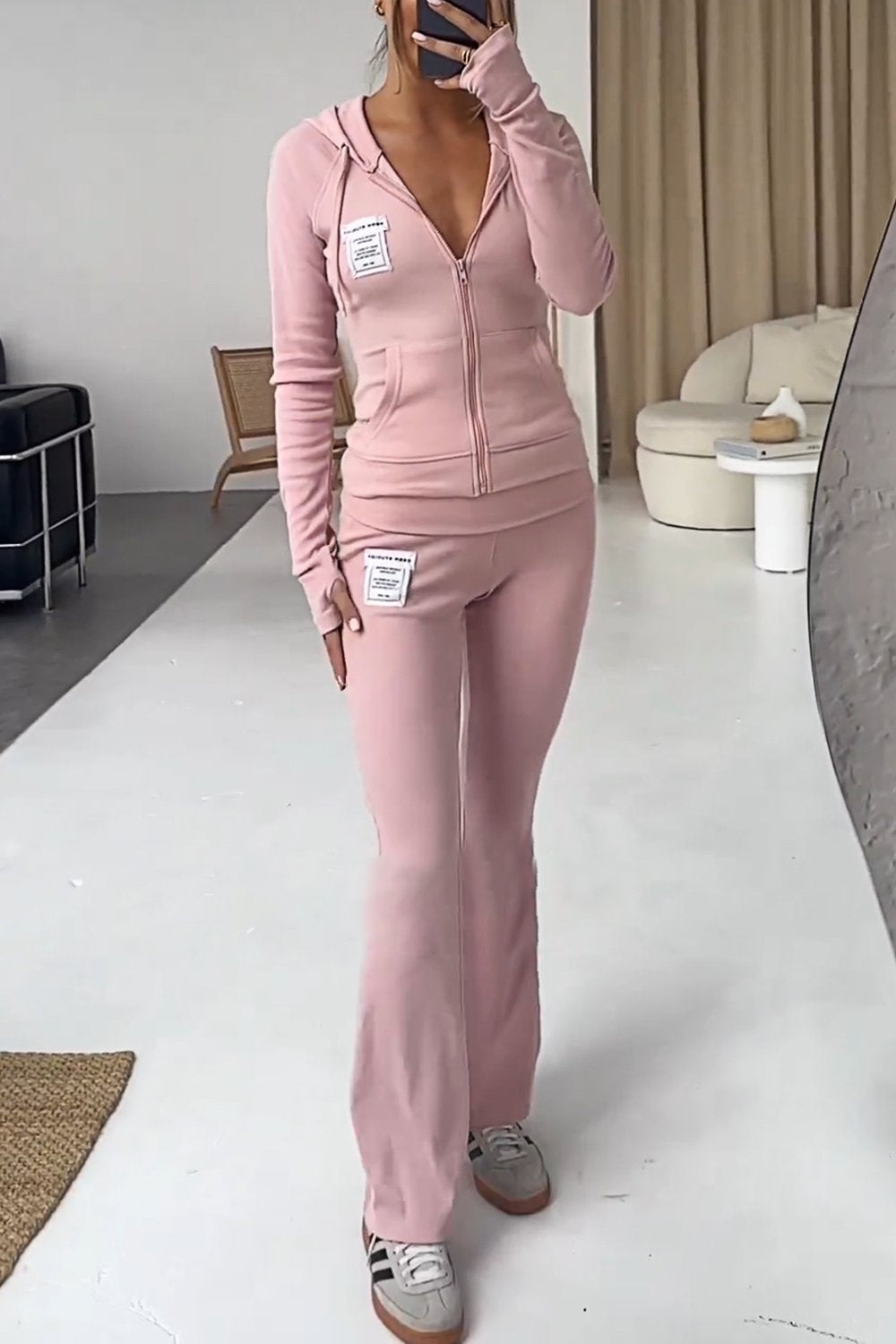 Women's Solid Color Zipper Top and Pants Two-piece Set Pink