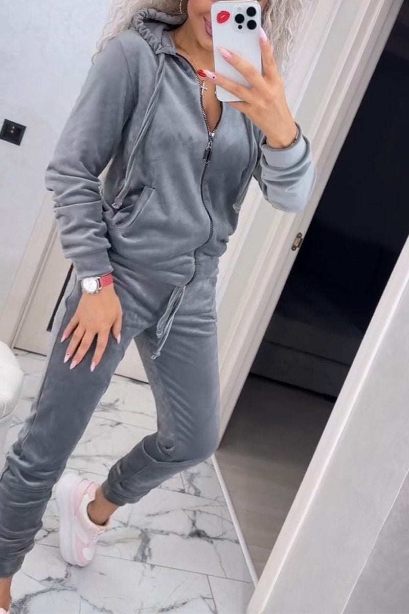 Women's Casual Hooded Velvet Two-piece Suit gray