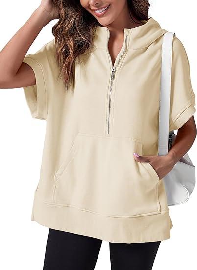 Women's Hooded Short-sleeved Half-zip Top Apricot