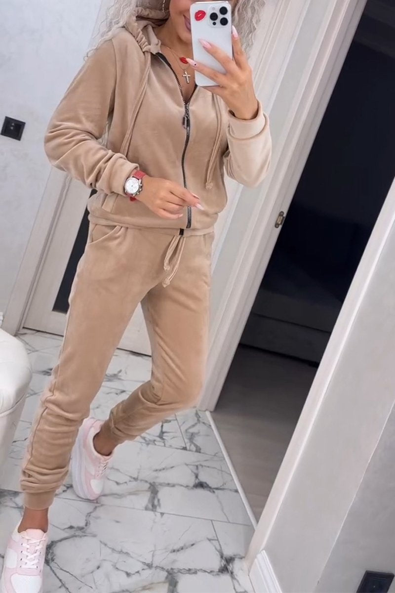 Women's Casual Hooded Velvet Two-piece Suit apricot