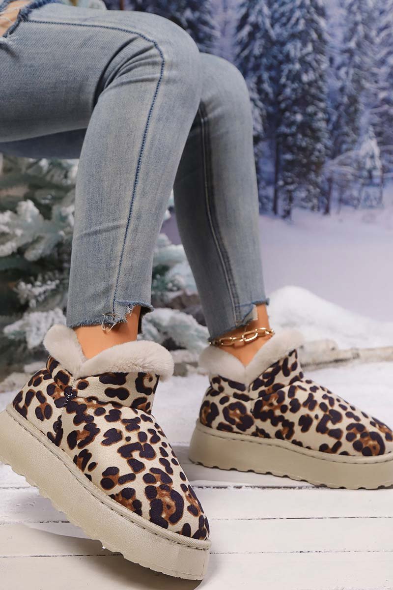 Women's thickened velvet round toe thick sole leopard print snow boots