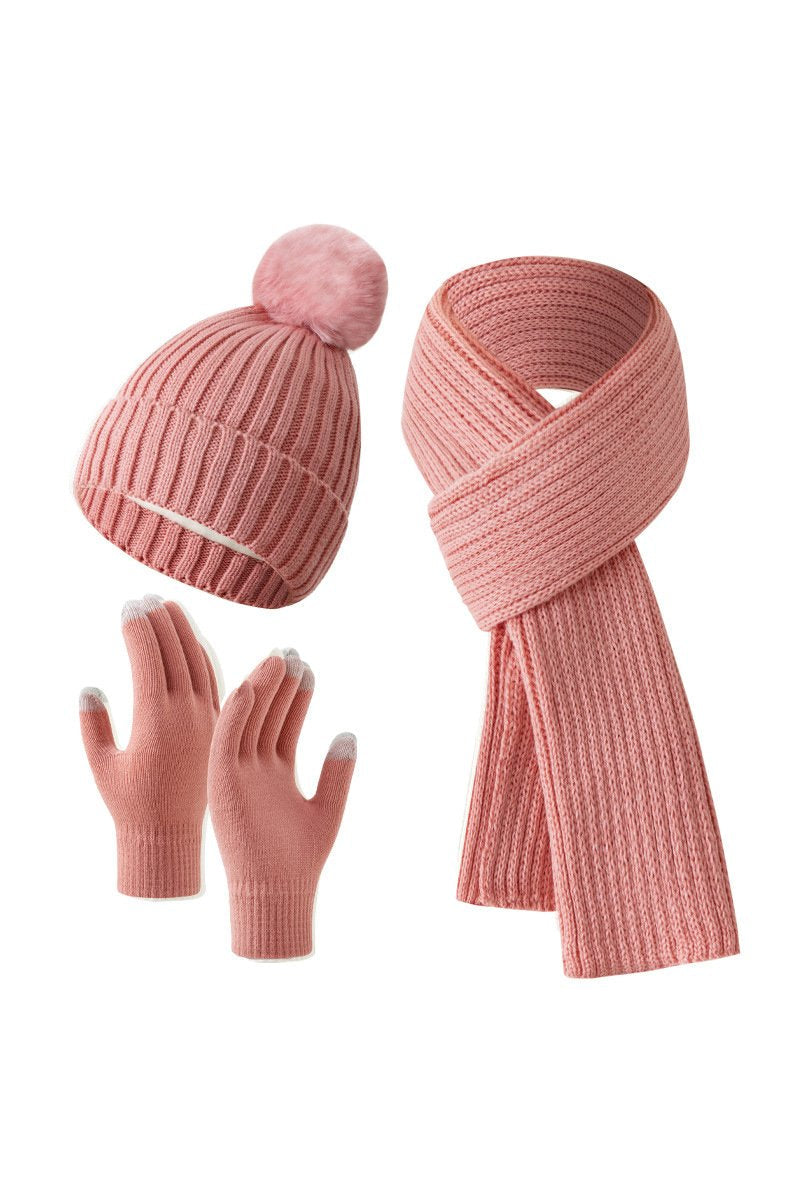 Knitted Hat, Double-layer Fleece Warm Wool Scarf, Gloves, Three-piece Set pink-A One size