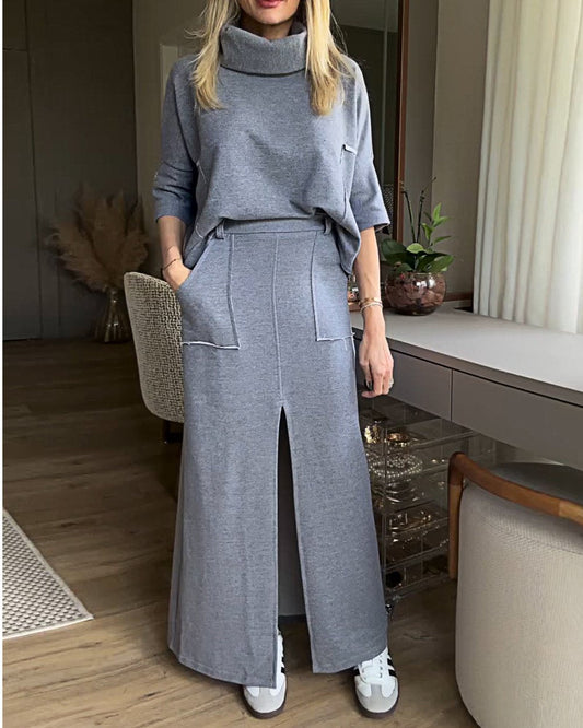 Women's Solid Color Turtleneck Mid-sleeve Top and Skirt Suit Grey