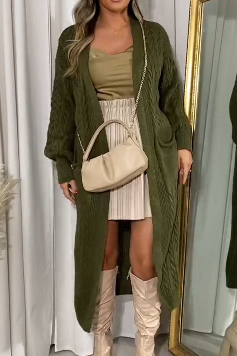 Solid Color Long Sleeve Sweater Long Coat army green