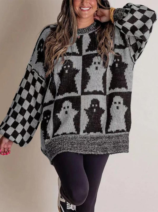 Women's Round-neck Halloween Loose Knitted Sweater Gray