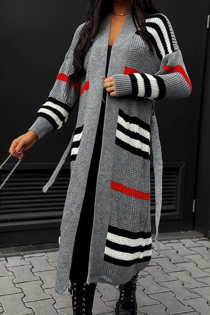 Casual Striped Long Sleeve Sweater Coat grey