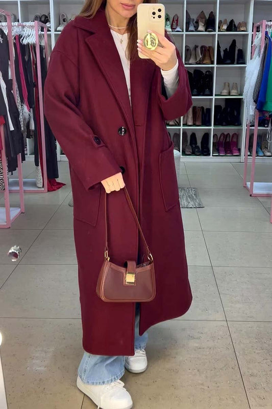 Women's fashionable solid color double breasted coat Wine Red