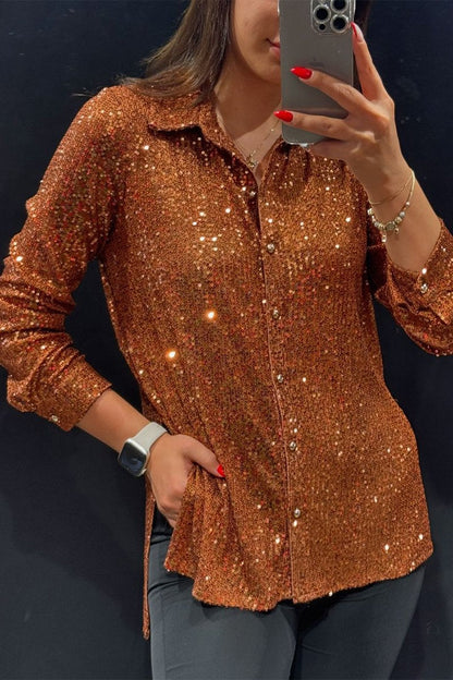 Women's Lapel Single-breasted Sequined Shirt gold