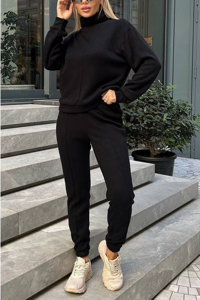 Women's Casual High Collar Solid Color Long Sleeve Two Piece Suit black