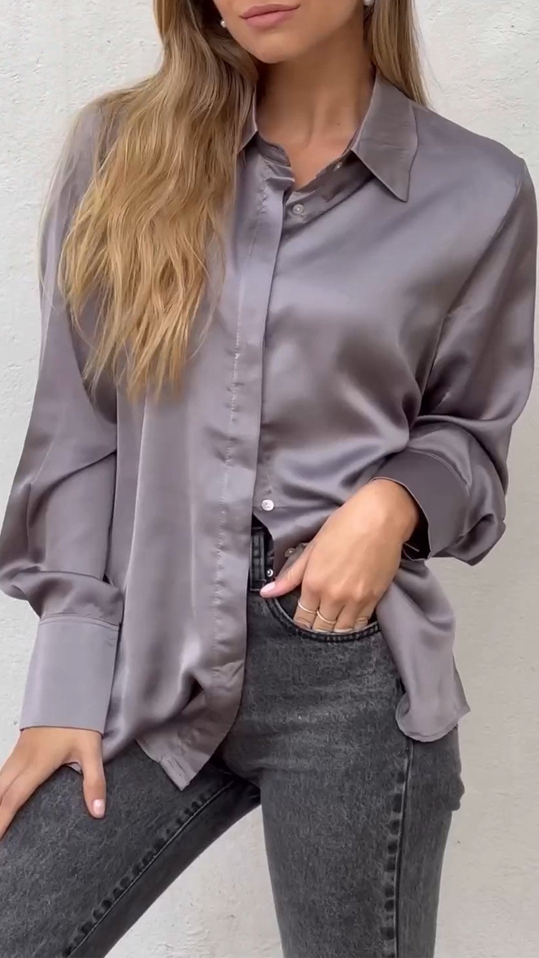 Women's Casual Smooth Satin Shirt grey