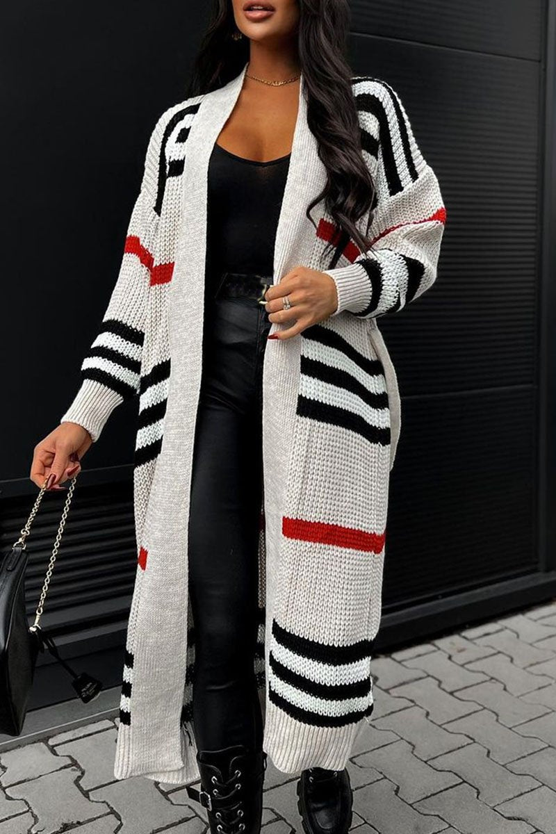 Casual Striped Long Sleeve Sweater Coat apricot