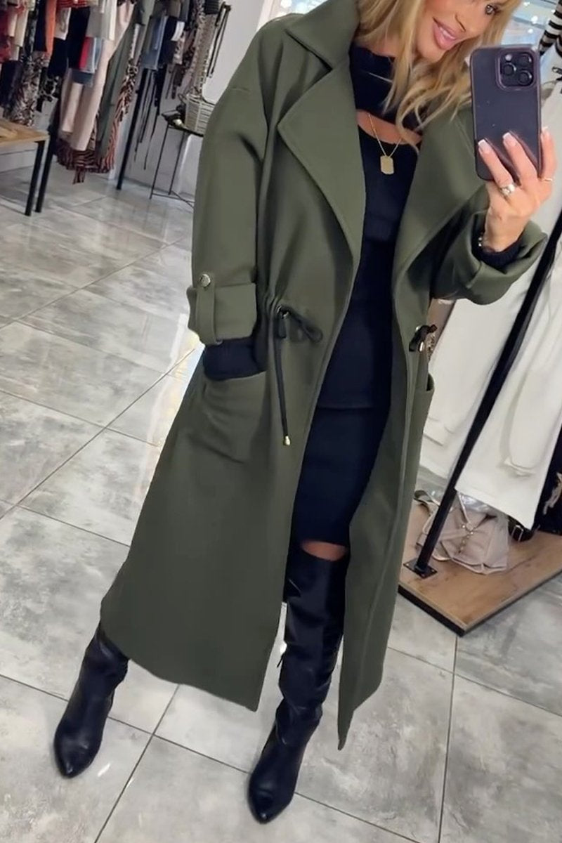 Women's Casual Lapel Long Trench Coat Army green