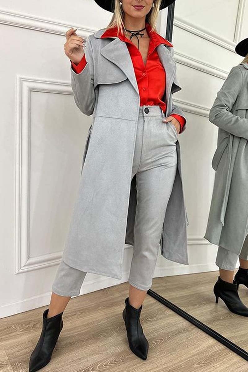 Women's fashionable long coat pants suit Gray