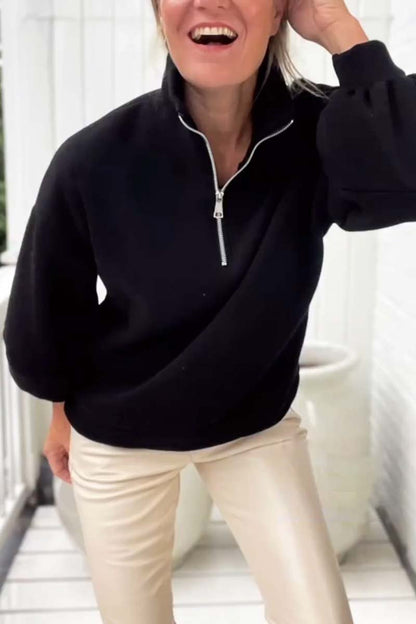 Women's Casual Half Zip Long Sleeve Crew Neck Pullover Sweatshirt Black