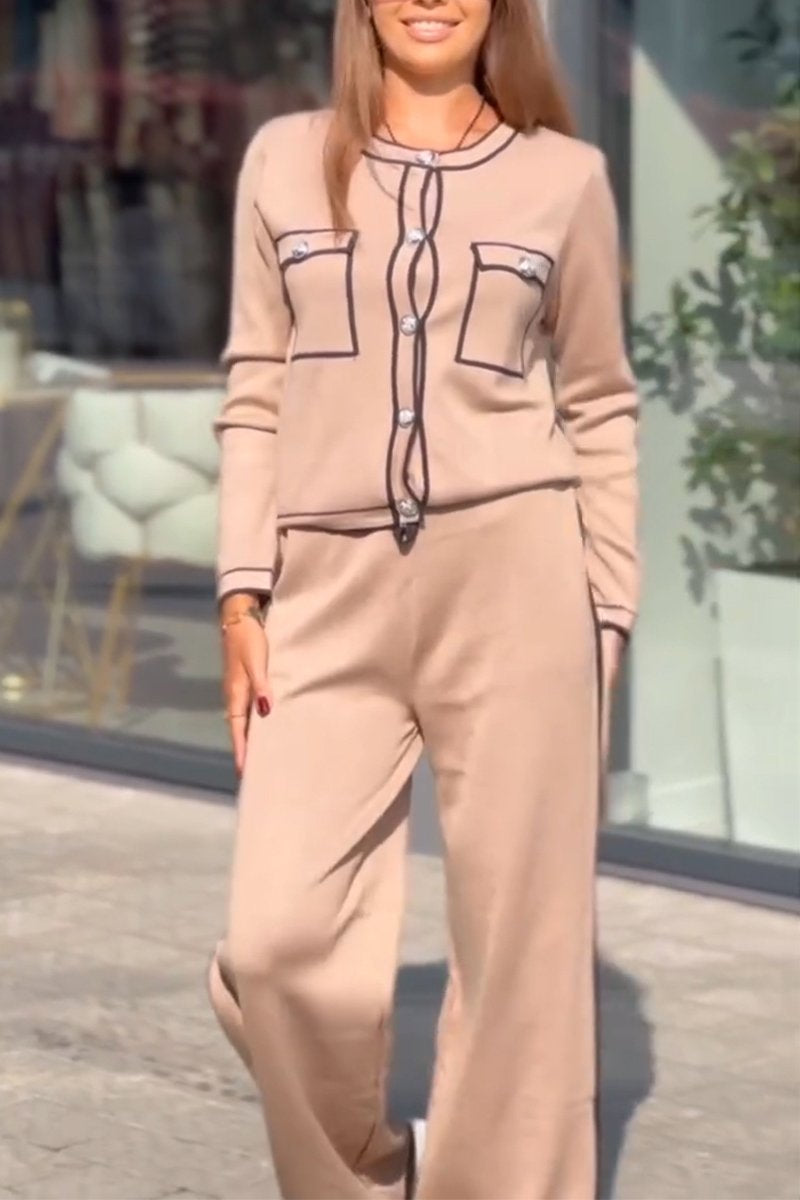 Women's Casual Round Neck Single Breasted Two Piece Suit apricot