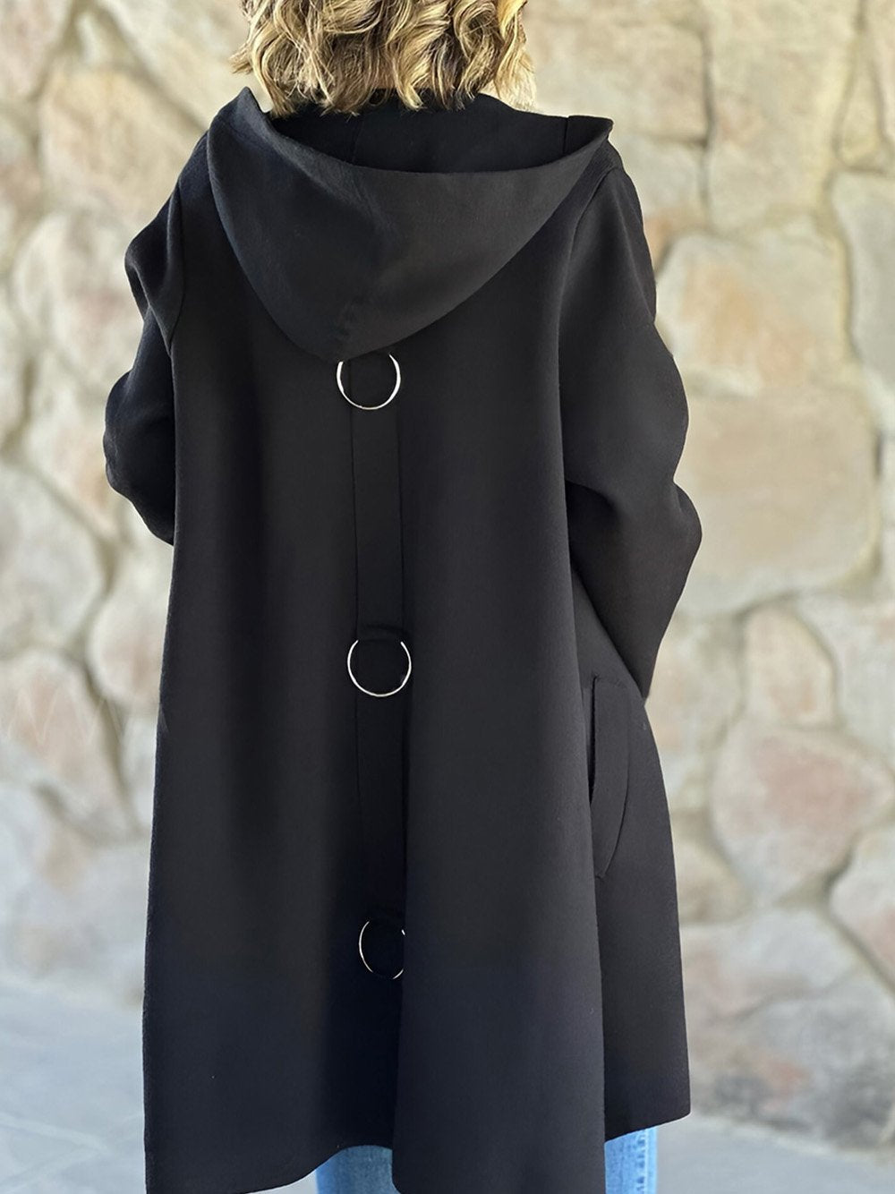 Women's Solid Color Woolen Fabric Hooded Cape Jacket Black