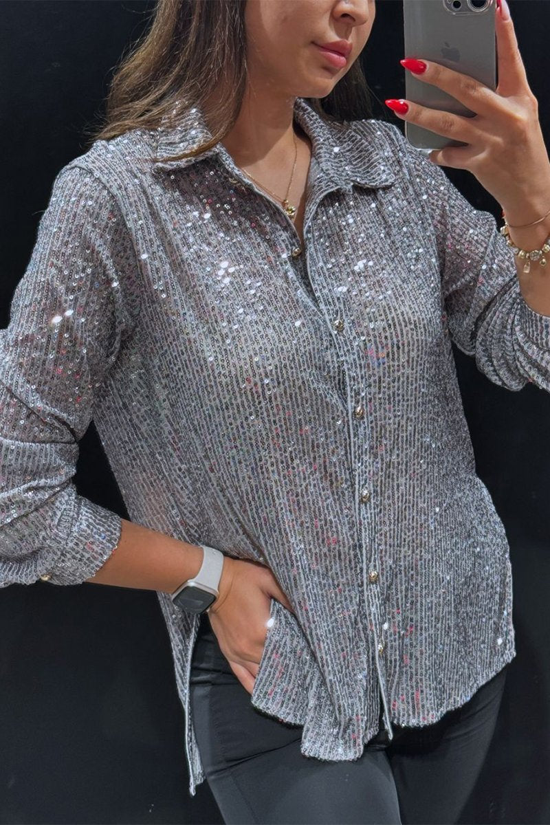 Women's Lapel Single-breasted Sequined Shirt silver