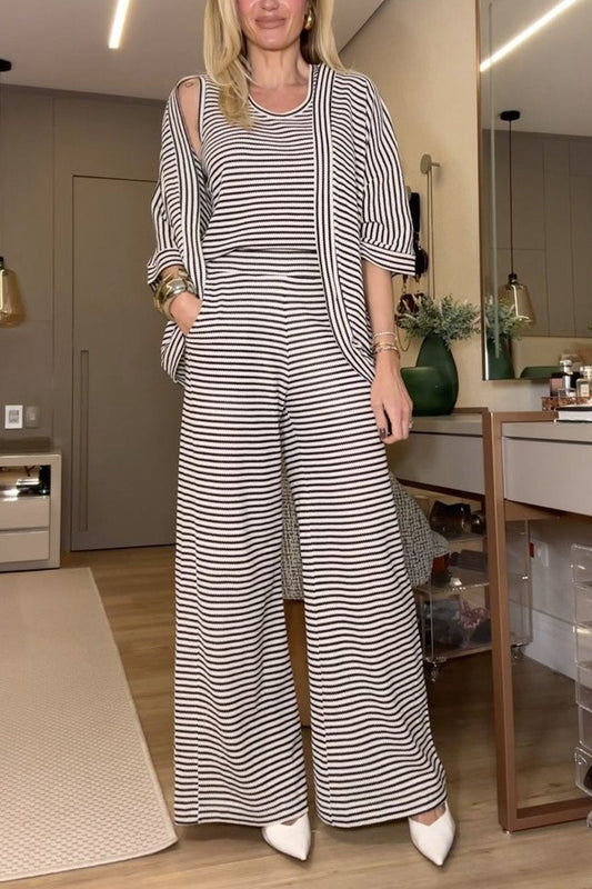 Women's Casual Round-neck Striped Three-piece Suit black