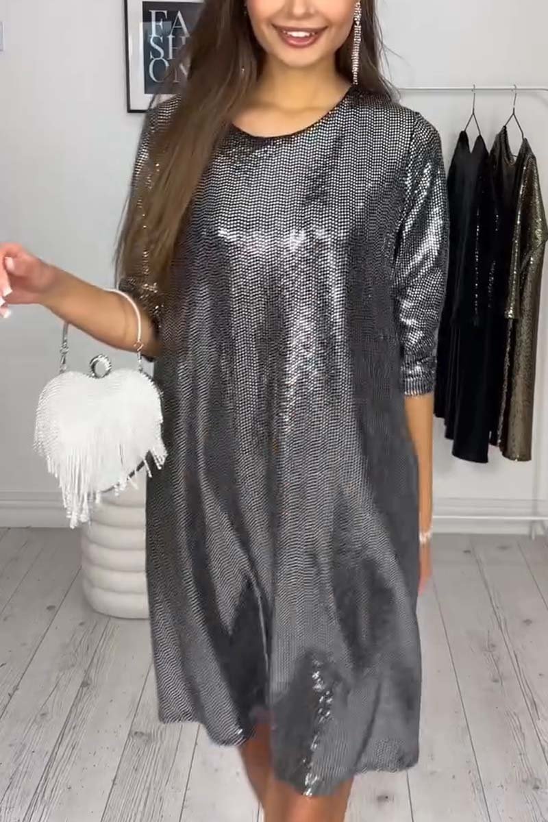 Women's Casual Glossy Long Sleeve Mini Dress Silver