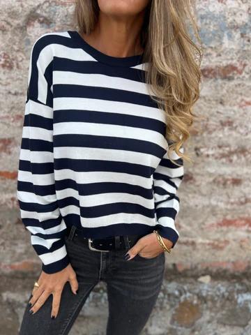 Casual Round Neck Striped Top black