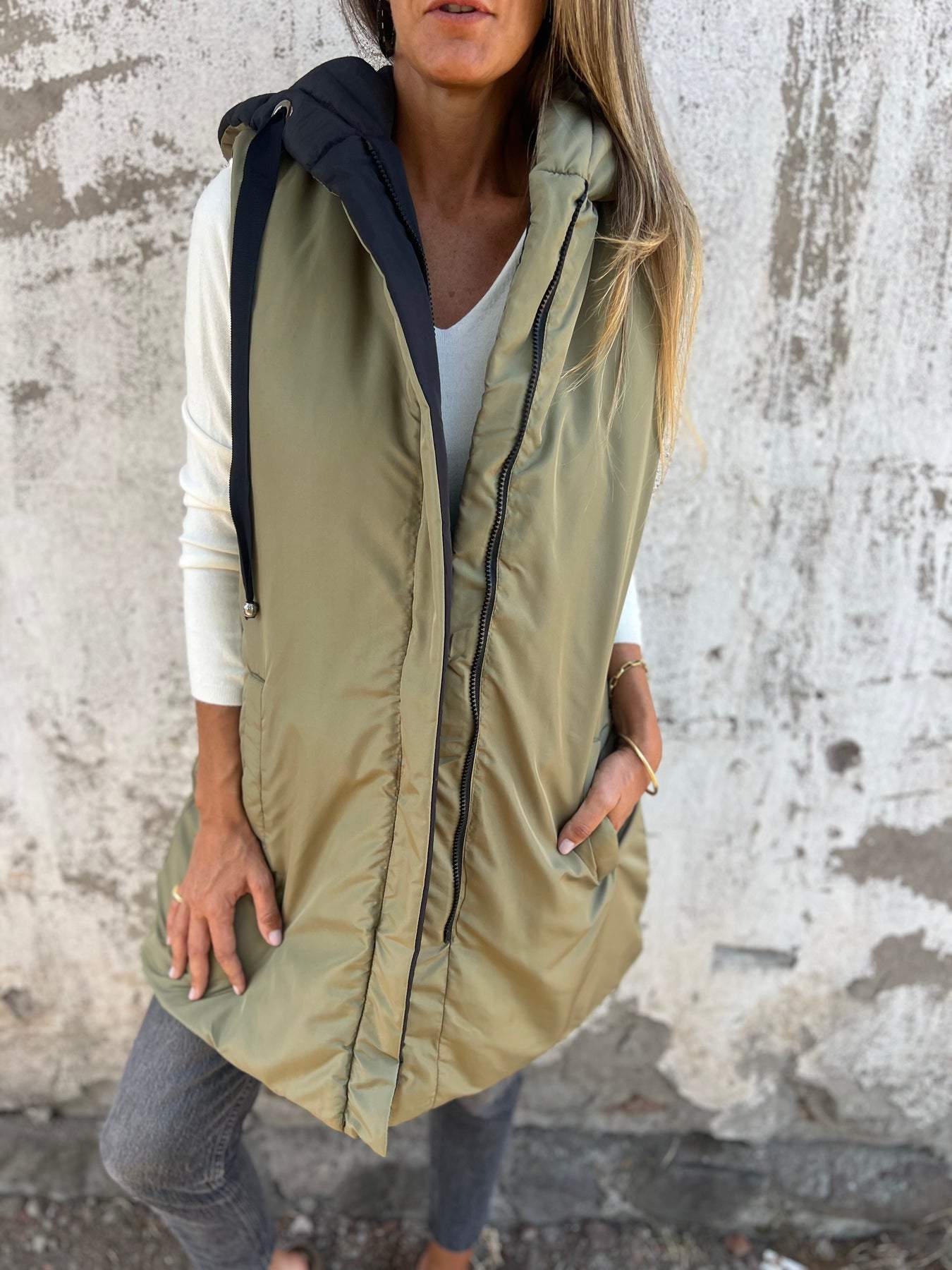 Hooded Zipper Sleeveless Down Jacket Army green